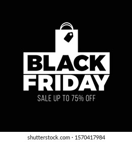 Black Friday Sale Vector Illustration with Shopping Bag Icon with White Text and Black Background