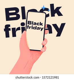 Ilustración vectorial Black Friday Sale. Elementos de diseño para banners promocionales de marketing, carteles, tarjetas. Mano sosteniendo el teléfono en el día de las mega ventas. Alerta de aplicación en la pantalla del teléfono inteligente.