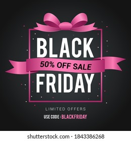 Black Friday Sale Vector illustration. Pink ribbon bow with gift box frame on black background