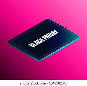 Black Friday Sale vector illustration on purple background. Design elements for promotional marketing banners, posters, cards. Phone on mega sales day. Alert on smartphone screen