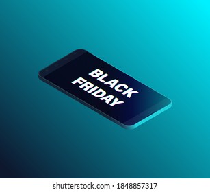 Black Friday Sale vector illustration on blue background. Design elements for promotional marketing banners, posters, cards. Phone on mega sales day. Alert on smartphone screen