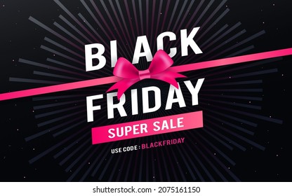 Black Friday Sale Vector illustration. Pink Gift Bow with ribbon on sun rays background