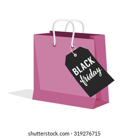Black Friday Sale. Vector illustration of paper shopping bag with sale tag.