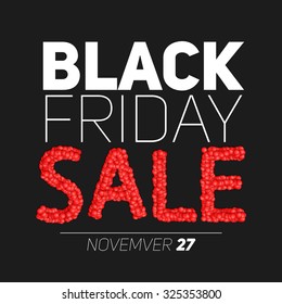 Black Friday Sale vector illustration. Sale constructed of abstract red spheres. Conceptual advertising design on dark background. 
