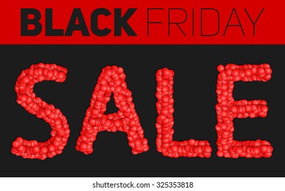 Black Friday Sale vector illustration. Sale constructed of abstract red spheres. Conceptual advertising design on dark background. 