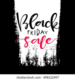 Black friday sale. Vector illustration. Handwritten lettering on white brush strokes with rough edges. Inscription design template. Black Friday banner. Isolated on black. Sale background.