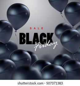 Black Friday Sale. Vector illustration of flying realistic glossy black balloons and Black Friday Sale sign