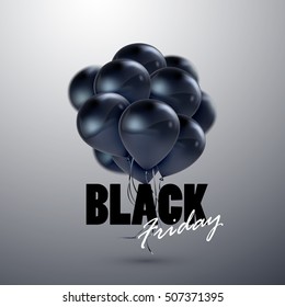 Black Friday Sale. Vector illustration of flying realistic glossy black balloons and Black Friday Sale sign