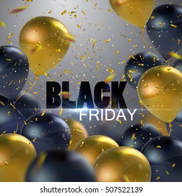 Black Friday Sale. Vector illustration of flying realistic glossy black and golden balloons, confetti glitters and Black Friday Sale sign