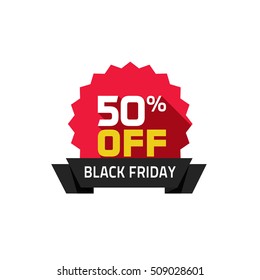 Black Friday sale vector label isolated on white background, 50% off special deal badge with Black Friday ribbon, discount tag, clearance promotion rosette symbol
