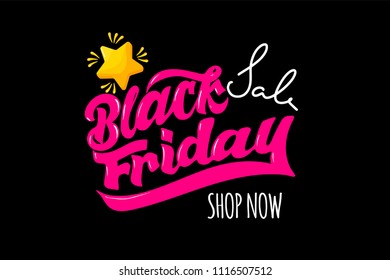 Black Friday sale vector poster, banner, website head with hand drawn lettering for shop or producer promo design. Flat style star.