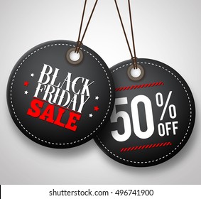 Black Friday sale vector price tags hanging in white background with half price discount. Vector illustration.
