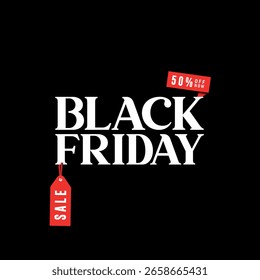 Vector Guardar de la venta del viernes negro Hasta el 50 por ciento de la etiqueta roja en el fondo negro