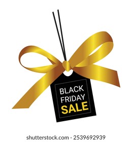 Black Friday sale: vector tag for exclusive deals, discount tag with decorative yellow ribbon and bow isolated on white background. Vector illustration