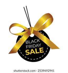 Black Friday sale: vector tag for exclusive deals, discount tag with decorative yellow ribbon and bow isolated on white background. Vector illustration