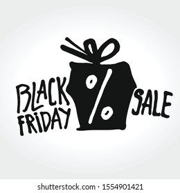 Black Friday Sale vector template. Handwritten words and packing box. Stylish flat design to stimulate sales on Black Friday.