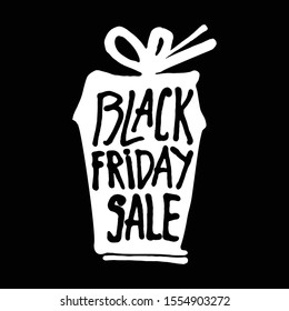 Black Friday Sale vector template. Handwritten words on silhouette background of packing box. Stylish flat design to stimulate sales on Black Friday.