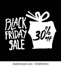 Black Friday Sale vector template. Handwritten words and packing box thirty percent discount. Stylish flat design to stimulate sales on Black Friday.