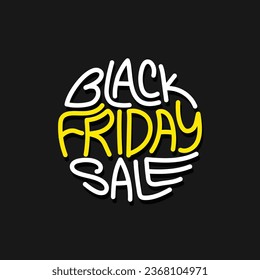 Plantilla vectorial de venta del viernes negro con tipografía elegante dibujada a mano en icono de etiqueta de forma redonda. Logo de Black Friday para promoción, publicidad, web, social y anuncios de moda. Fondo negro