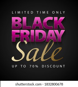 Black Friday Sale vector vertical banner. Glossy pink text with thin golden frame on dark grey background. Limited time only up to 75 discount