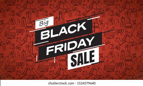 Black friday sale vector website header banner template with big title and pattern background. Special offers, discounts, clearance promotion and advertising. Eps10 illustration.