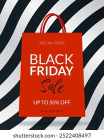 Black Friday Sale vertical banner with stripes and red shopping bag. Geometric background with text for advertising, social media posts, promotion, web banners. Modern discount background template.