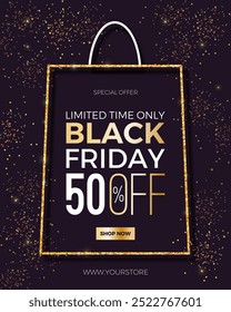 Anuncio de Vertical Black Friday Sale con bolso de compras, brillo dorado y texto. Fondo lujoso para publicidad, publicaciones en redes sociales, promoción, Anuncios de Web. Fondo de descuento. Plantilla de Vector.