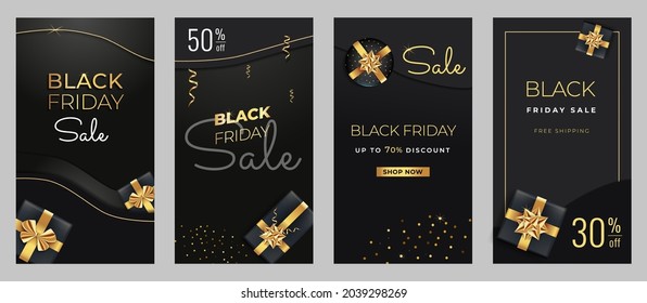 Black Friday Sale vertical banners social media cover. Screen backdrop for stories and posts, mobile app, cards. Story black and gold vector template. Luxury gift boxes, golden ribbons, serpentine.