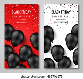 Black Friday Sale Vertical Banners. Flying Glossy Balloons on White and Red Background. Falling Confetti. Vector illustration.