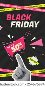 Black Friday Diseño de Vertical de rebajas en estilo collage de moda con mano de semitono. Ilustración vectorial brillante con Elementos geométricos para redes sociales