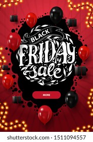 Black friday sale, vertical discount red banner with beautiful round lettering, button and balloons