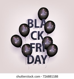 Black Friday Sale. A voluminous headline and black balloons with glare of light and reflexes. Abstract background. Vector illustration