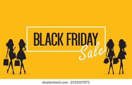 Black Friday Sale projeto de papel de parede em cores pretas e amarelas com silhuetas de meninas de compras