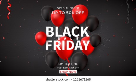 Black Friday sale web banner. Dark background with black and red balloons for seasonal discount offer. Vector illustration with confetti and serpentine.