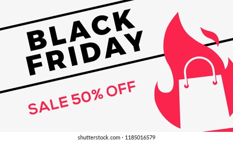black friday sale web banner flat vector illustration of shopping bag fire