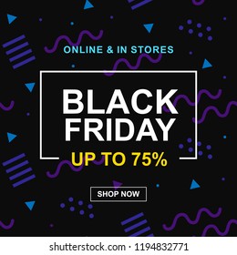 Black Friday Sale Web Banner Design Template with 80s style geometric shapes. Fashion discount promo offer poster background. Modern Vector illustration.