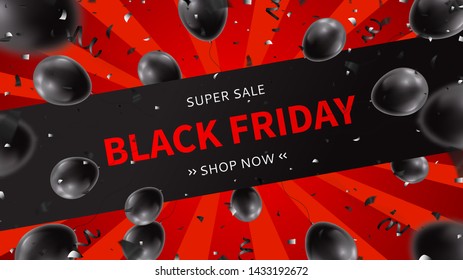 Black Friday sale web banner. Realistic air black balloons with serpentine and confetti on red background. Seasonal discount offer. Vector illustration.