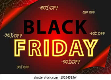 Black Friday sale web banner. Modern neon yellow and red billboard. Concept of advertising for seasonal offer with glowing text.