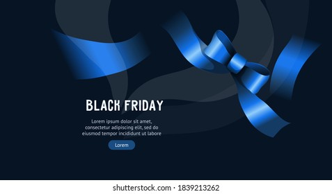 Black friday sale web banner or poster template with blue ribbon tied in a bow, realistic vector illustration on black background. Black friday sales and discounts advert layout.