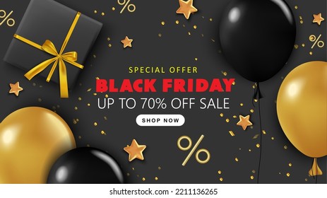 Black Friday sale web banner template. Dark background with gold and black balls for seasonal discount offer. Vector illustration with confetti.