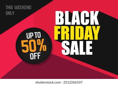 Black Friday sale web banner, template, poster, flyer, greeting card. Up to 50% discount for black Friday holiday. Business promotion layout. 3d typography poster design on red background.