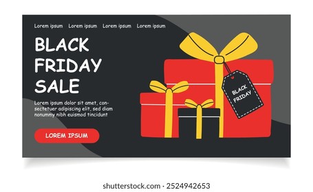 Black Friday sale web banner. Gift boxes on black background. Black Friday shopping.