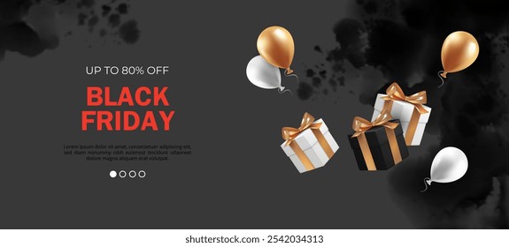 Black Friday venda web modelo de banner com balões preto e branco e caixas de presentes