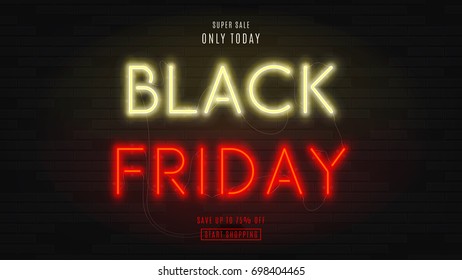 Black Friday sale web banner. Modern neon yellow and red billboard on brick wall. Concept of advertising for seasonal offer with glowing text.