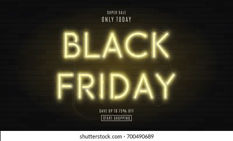 Black Friday Verkauf Web-Banner. Moderne neongelbe Plakatwand an der Ziegelwand. Konzept der Werbung für saisonale Angebote mit leuchtendem Neontext.