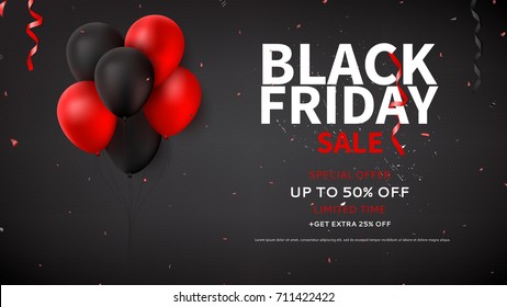 Black Friday sale web banner template. Dark background with red and black balloons for seasonal discount offer. Vector illustration with confetti and serpentine.