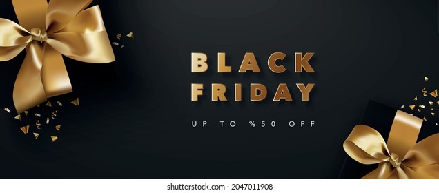 Black Friday Sale web poster template. Gift box with gold ribbon and golden text. Vector illustration for Christmas design, party, sale, discount, poster, luxury, header website.