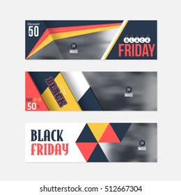 Black Friday Sale Website Banner, Horizontal Background, Flat Web Layout Ad Vector Cover Illustration. Image Add Business Advertisement Banners Design Collection with Creative Geometric Elements Set