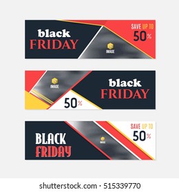 Black Friday Sale Website Banner, Horizontal Background, Flat Web Layout Ad Vector Cover Illustration. Image Add Business Advertisement Banners Design Collection with Creative Geometric Elements Set
