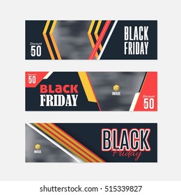 Black Friday Sale Website Banner, Horizontal Background, Flat Web Layout Ad Vector Cover Illustration. Image Add Business Advertisement Banners Design Collection with Creative Geometric Elements Set